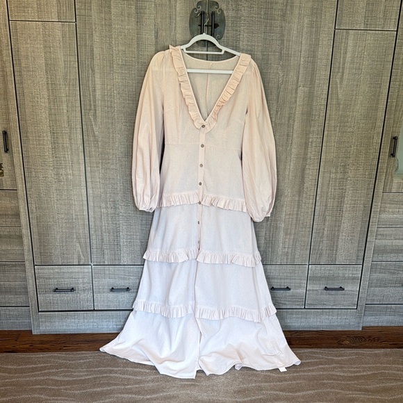 Commense Dresses & Skirts - Commense Cotton & Linen Semi-Sheer Ruffle Trim Long Dress‎